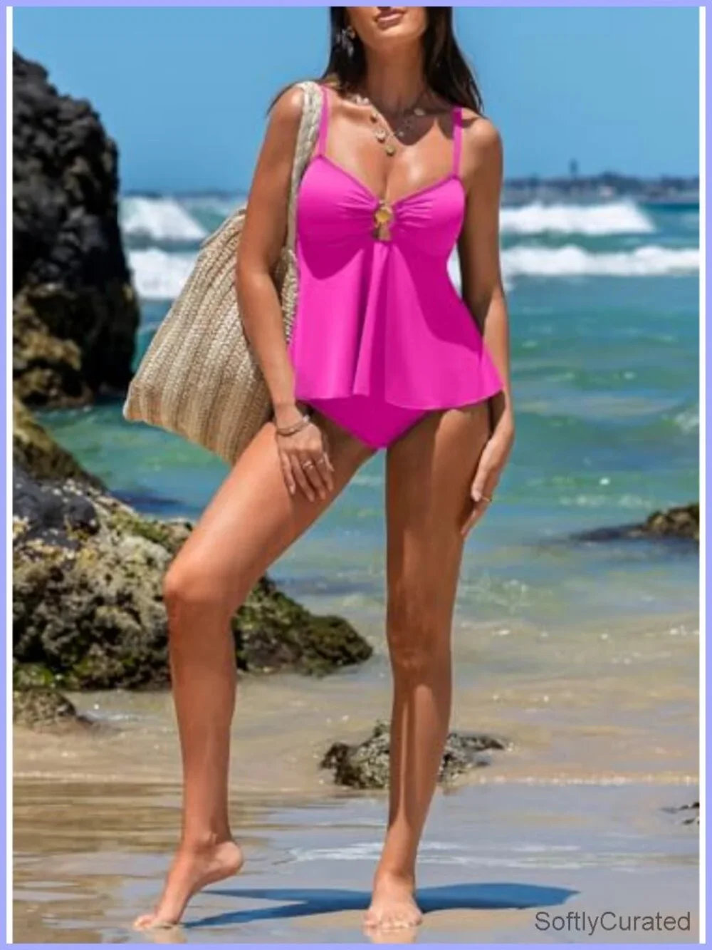 Women's Tankini Set Bandeau 2 Piece Swimsuit Shell Detail High Waisted Bottom
